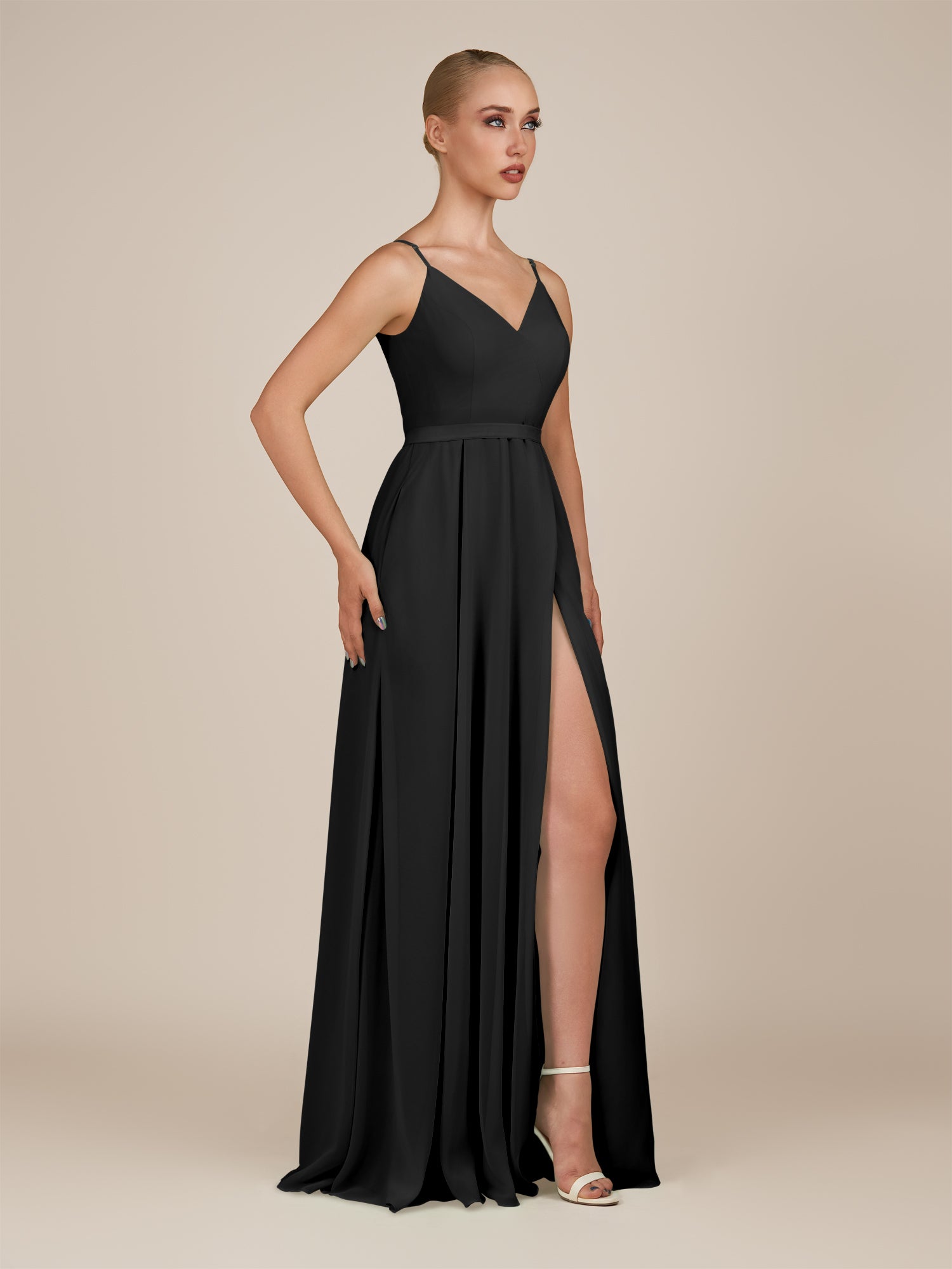 KissDress-Glenys Black A Line V Neck Long Bridesmaid Dress with Slit