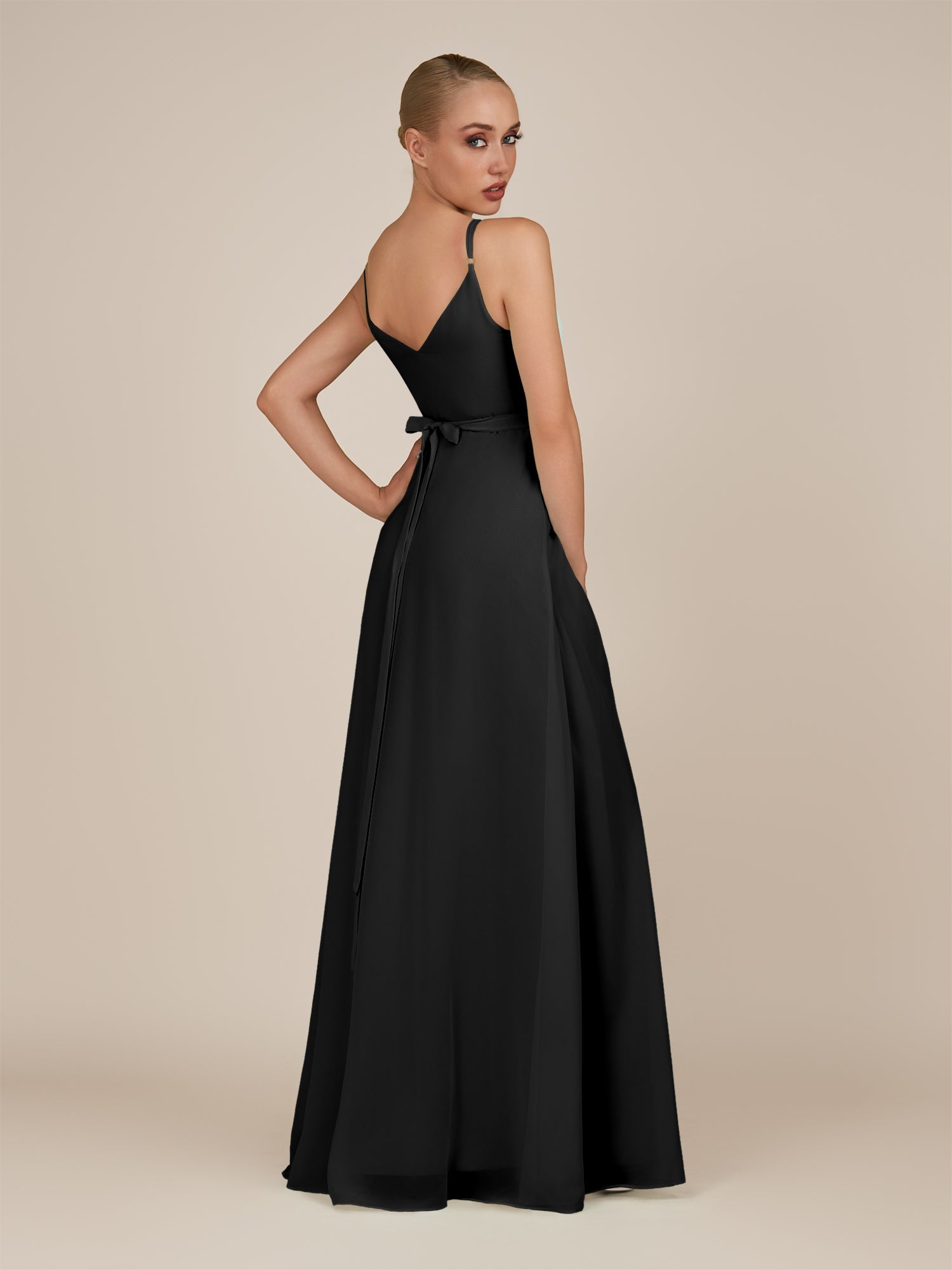 KissDress-Glenys Black A Line V Neck Long Bridesmaid Dress with Slit