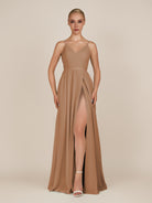 KissDress-Glenys Bronzer A Line V Neck Long Bridesmaid Dress with Slit