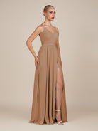 KissDress-Glenys Bronzer A Line V Neck Long Bridesmaid Dress with Slit