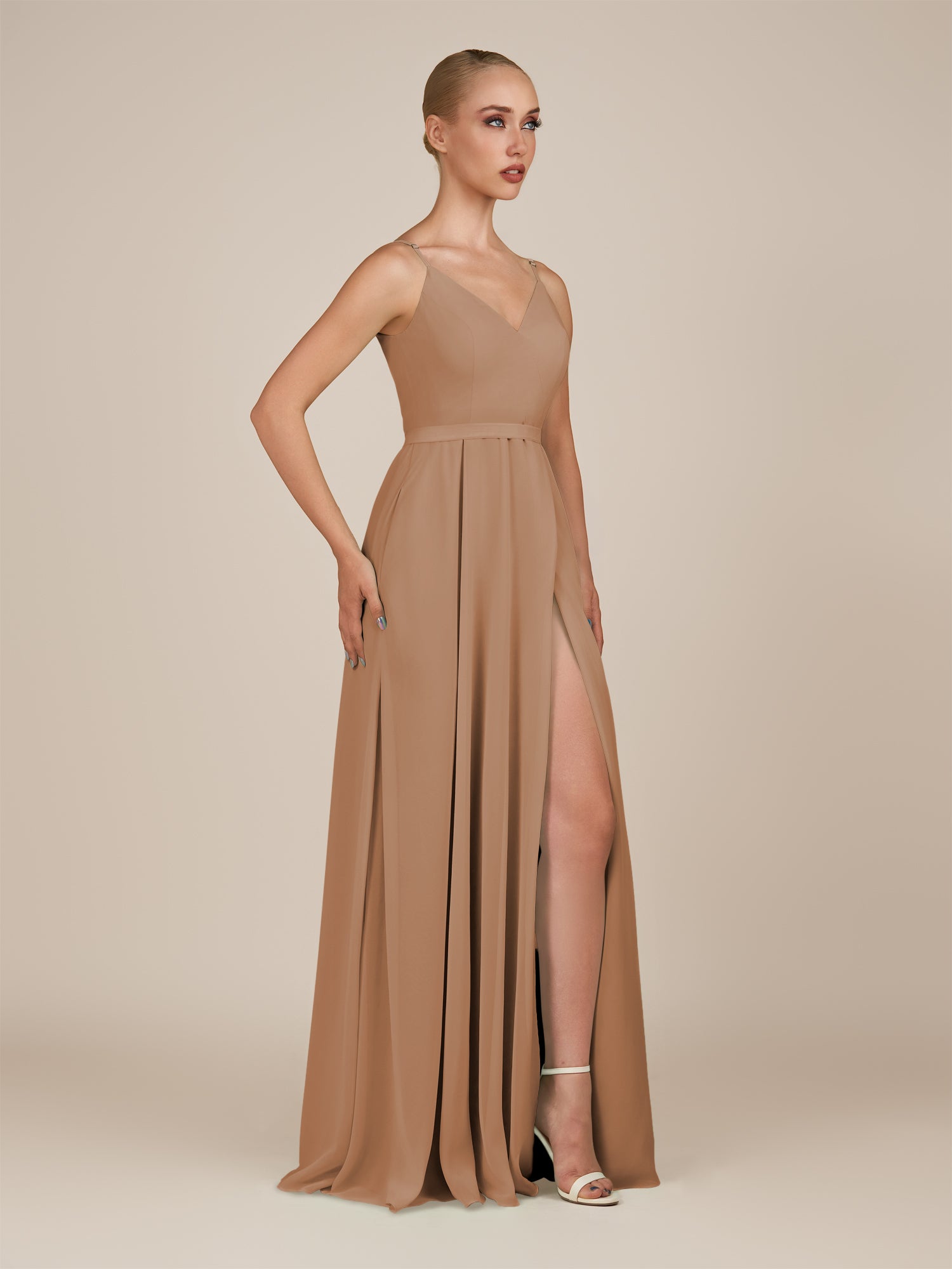 KissDress-Glenys Bronzer A Line V Neck Long Bridesmaid Dress with Slit
