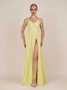 KissDress-Glenys Buttercup A Line V Neck Long Bridesmaid Dress with Slit
