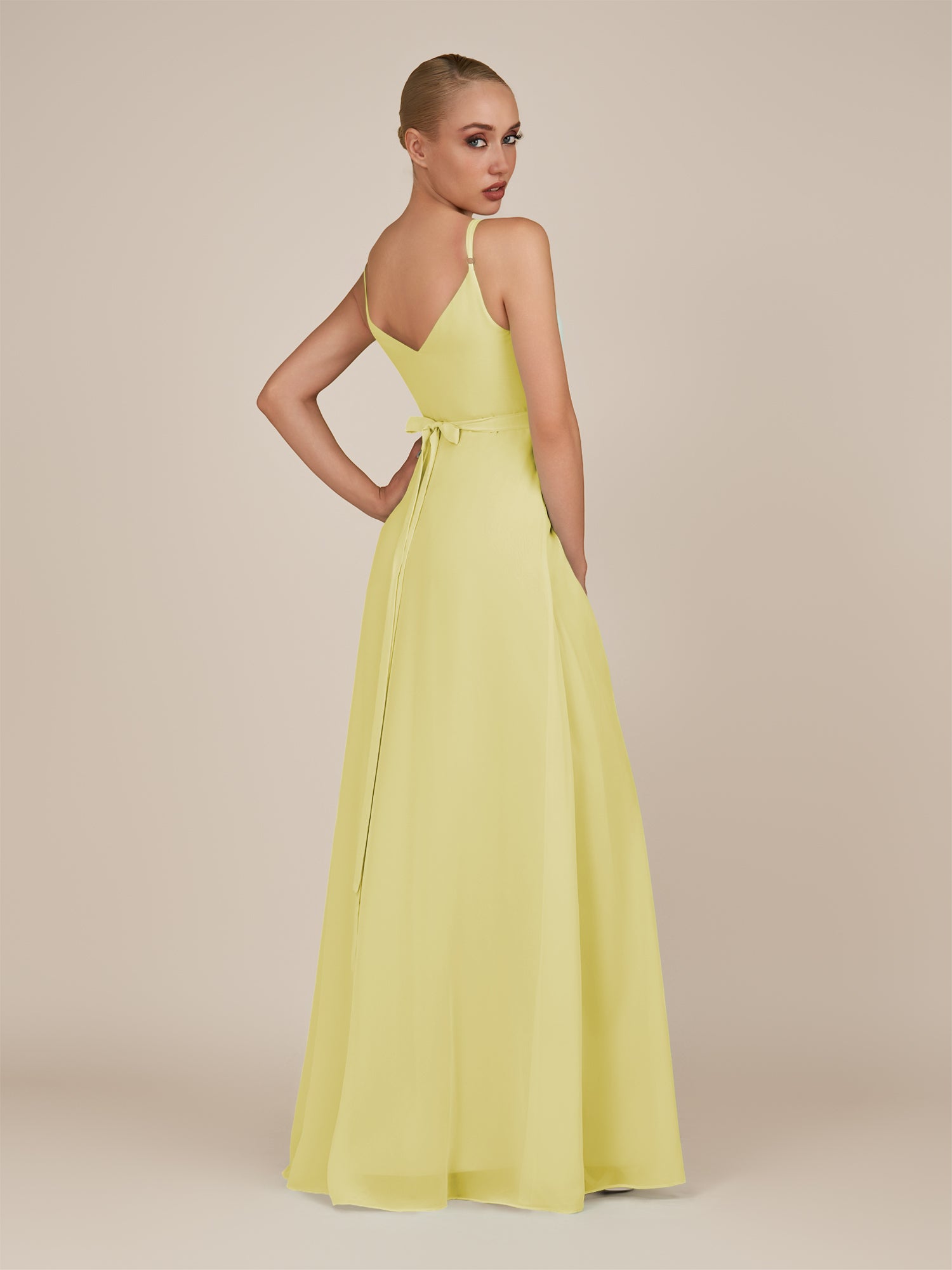 KissDress-Glenys Buttercup A Line V Neck Long Bridesmaid Dress with Slit