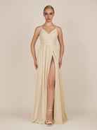 KissDress-Glenys Champagne A Line V Neck Long Bridesmaid Dress with Slit
