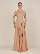 KissDress-Glenys Champagne Rose A Line V Neck Long Bridesmaid Dress with Slit