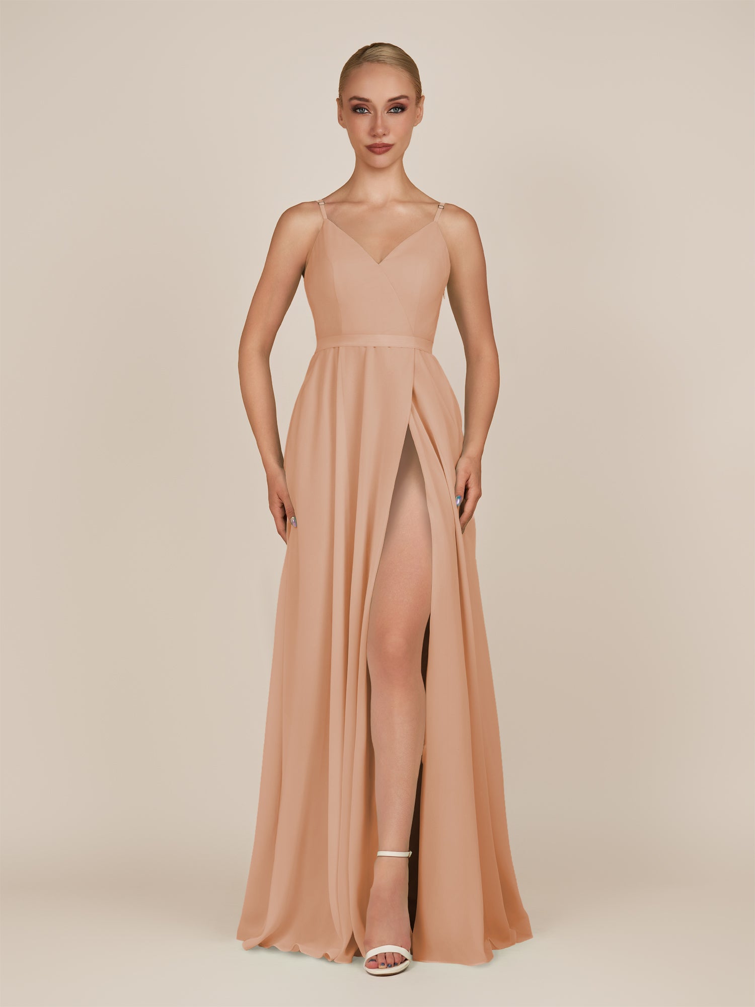 KissDress-Glenys Champagne Rose A Line V Neck Long Bridesmaid Dress with Slit