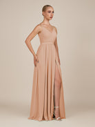 KissDress-Glenys Champagne Rose A Line V Neck Long Bridesmaid Dress with Slit