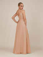 KissDress-Glenys Champagne Rose A Line V Neck Long Bridesmaid Dress with Slit