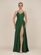KissDress-Glenys Dark Green A Line V Neck Long Bridesmaid Dress with Slit