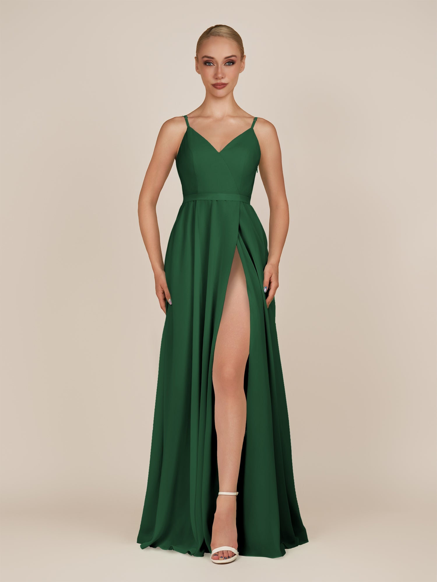 KissDress-Glenys Dark Green A Line V Neck Long Bridesmaid Dress with Slit