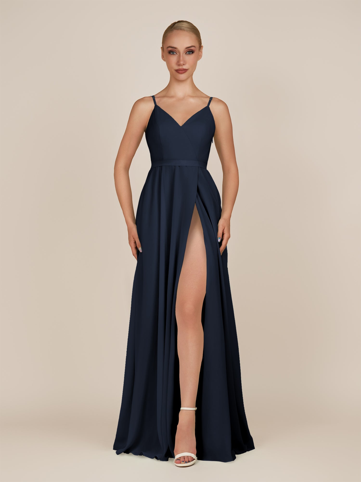 KissDress-Glenys Dark Navy A Line V Neck Long Bridesmaid Dress with Slit