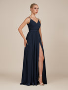 KissDress-Glenys Dark Navy A Line V Neck Long Bridesmaid Dress with Slit