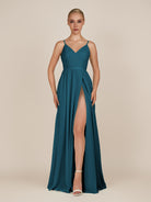 KissDress-Glenys Dark Teal A Line V Neck Long Bridesmaid Dress with Slit