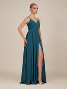 KissDress-Glenys Dark Teal A Line V Neck Long Bridesmaid Dress with Slit