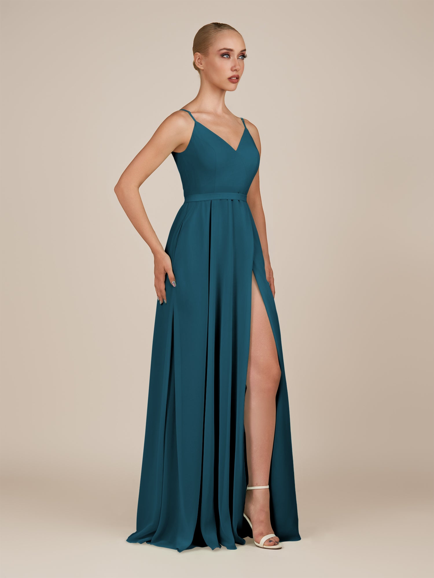 KissDress-Glenys Dark Teal A Line V Neck Long Bridesmaid Dress with Slit