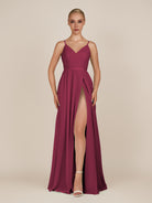 KissDress-Glenys Desert Rose A Line V Neck Long Bridesmaid Dress with Slit