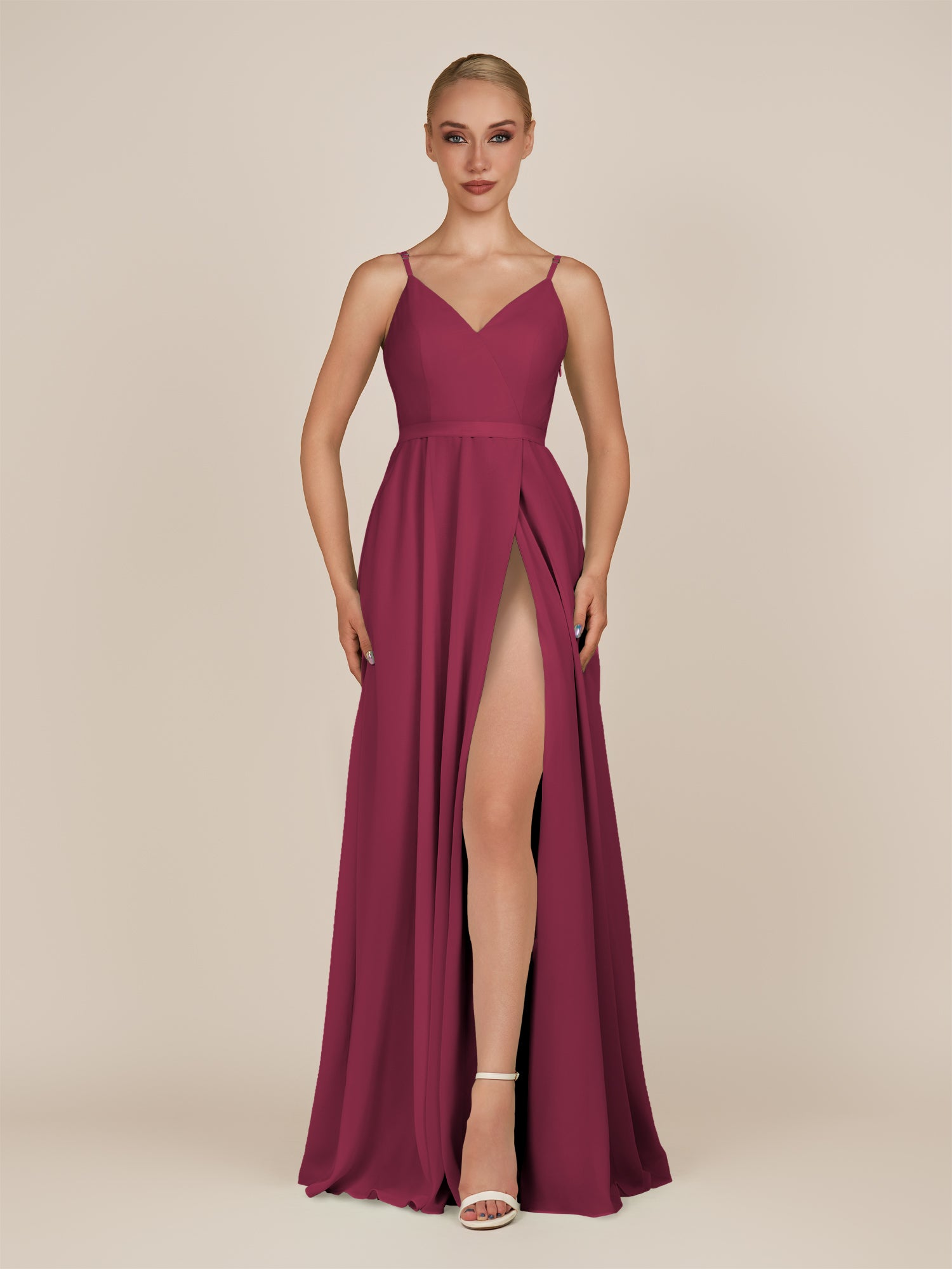 KissDress-Glenys Desert Rose A Line V Neck Long Bridesmaid Dress with Slit