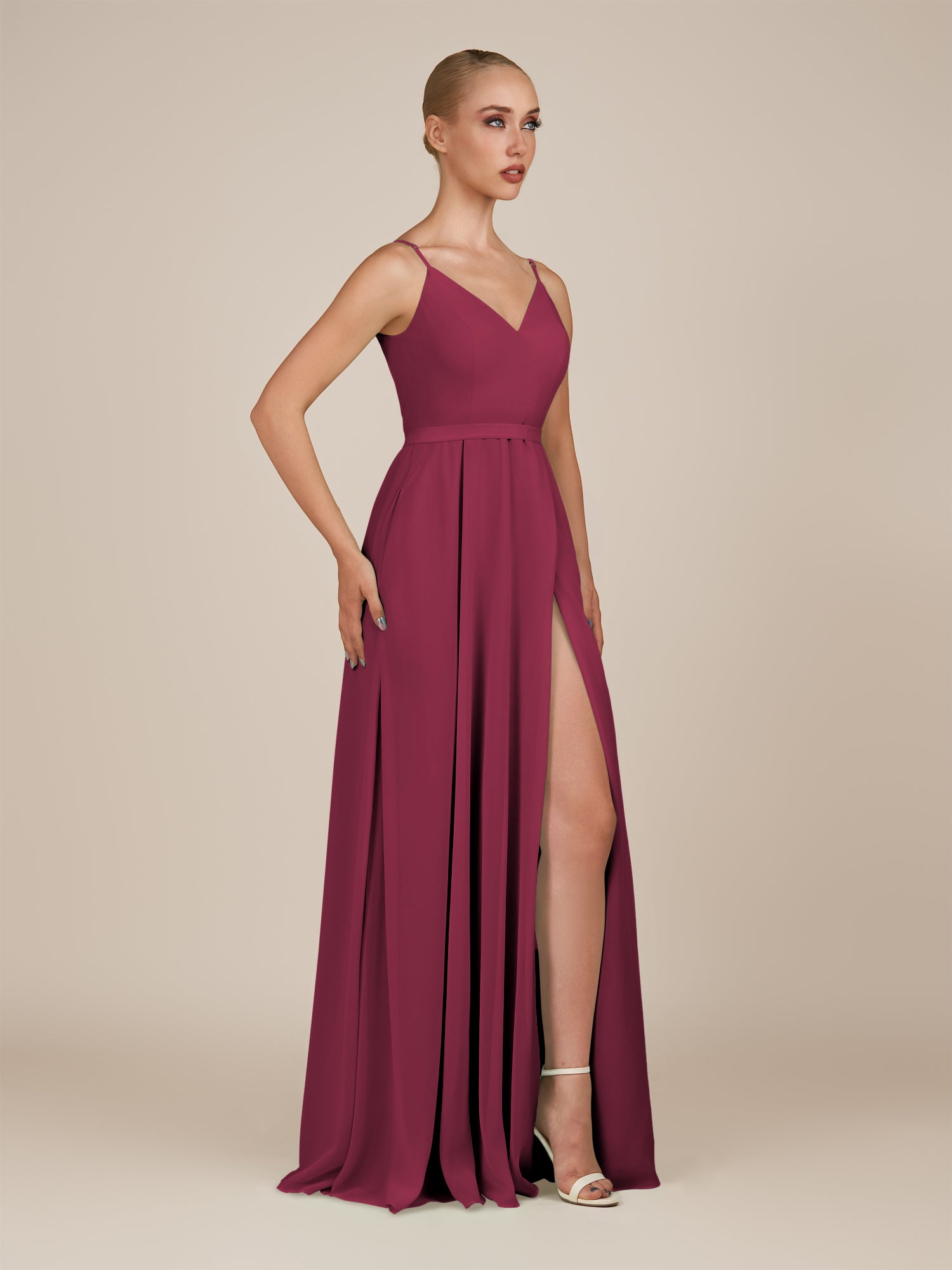 KissDress-Glenys Desert Rose A Line V Neck Long Bridesmaid Dress with Slit