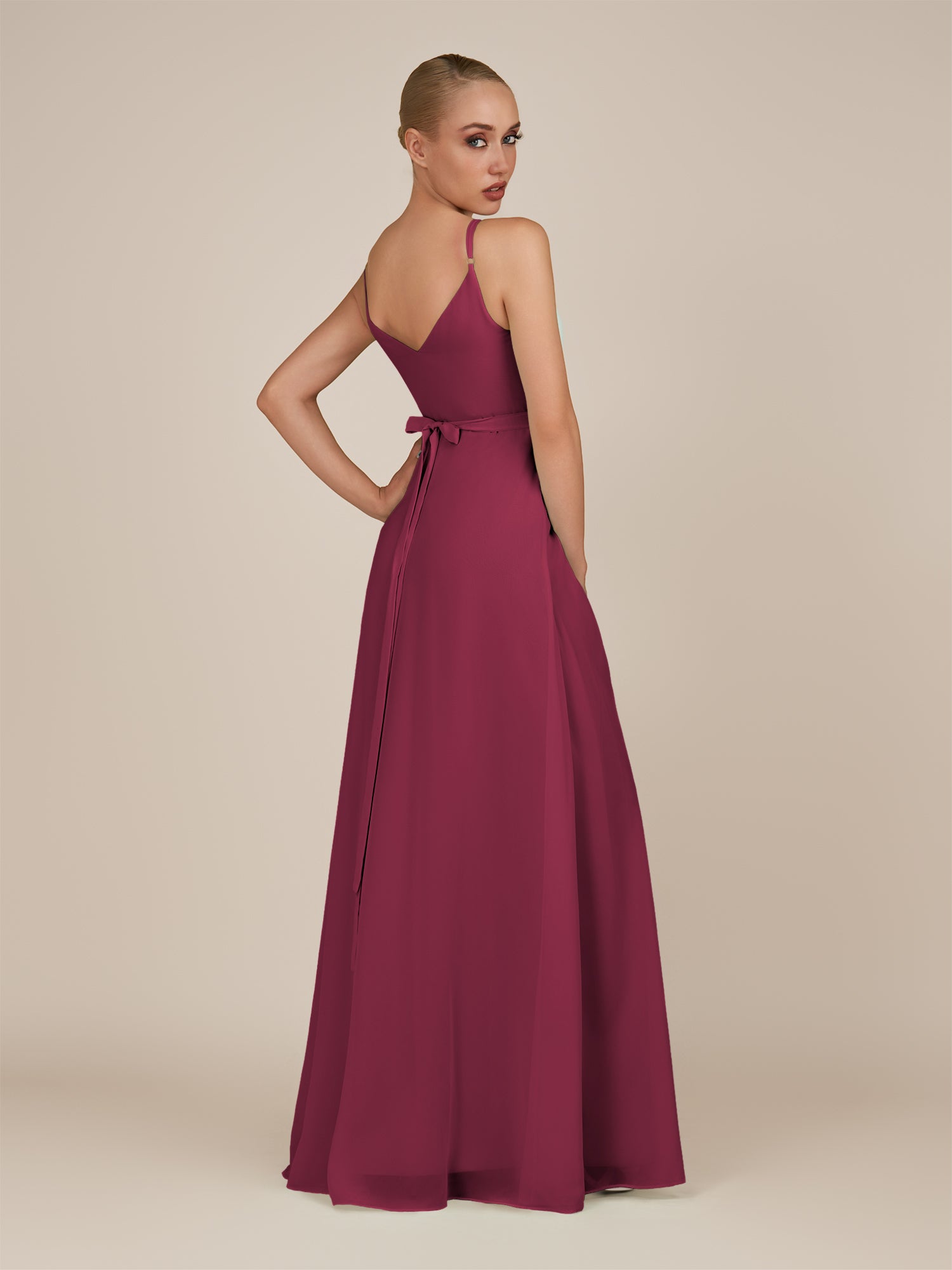 KissDress-Glenys Desert Rose A Line V Neck Long Bridesmaid Dress with Slit