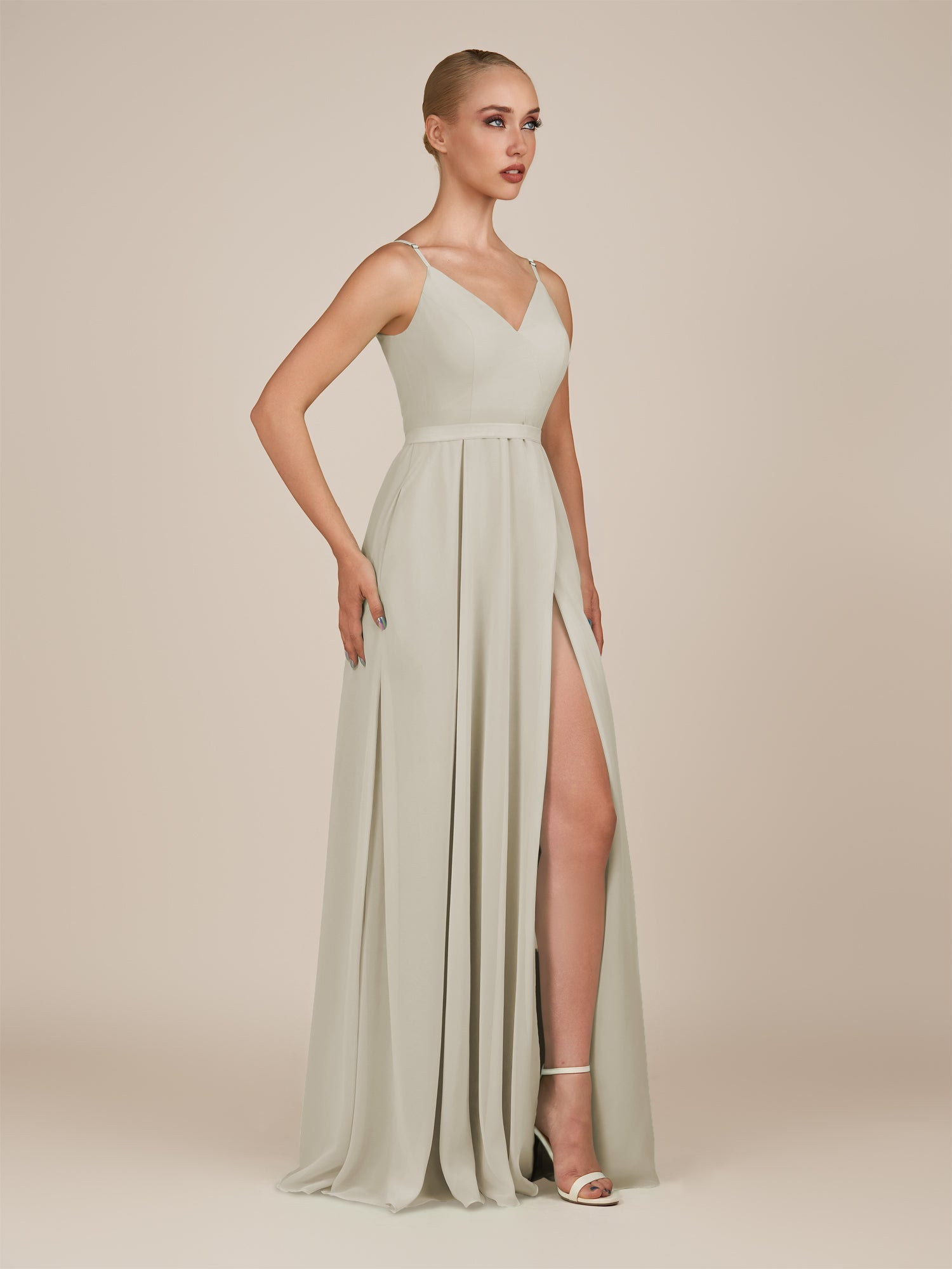KissDress-Glenys Dove Gray A Line V Neck Long Bridesmaid Dress with Slit
