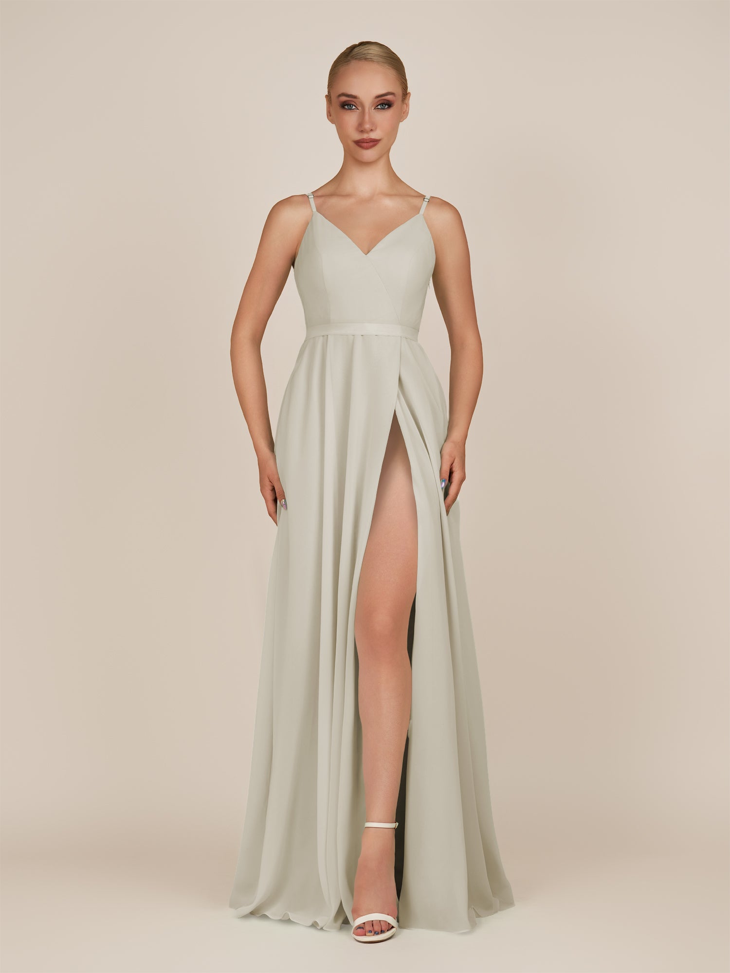 KissDress-Glenys Dove Gray A Line V Neck Long Bridesmaid Dress with Slit