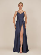 KissDress-Glenys Dusk Blue A Line V Neck Long Bridesmaid Dress with Slit