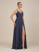 KissDress-Glenys Dusk Blue A Line V Neck Long Bridesmaid Dress with Slit