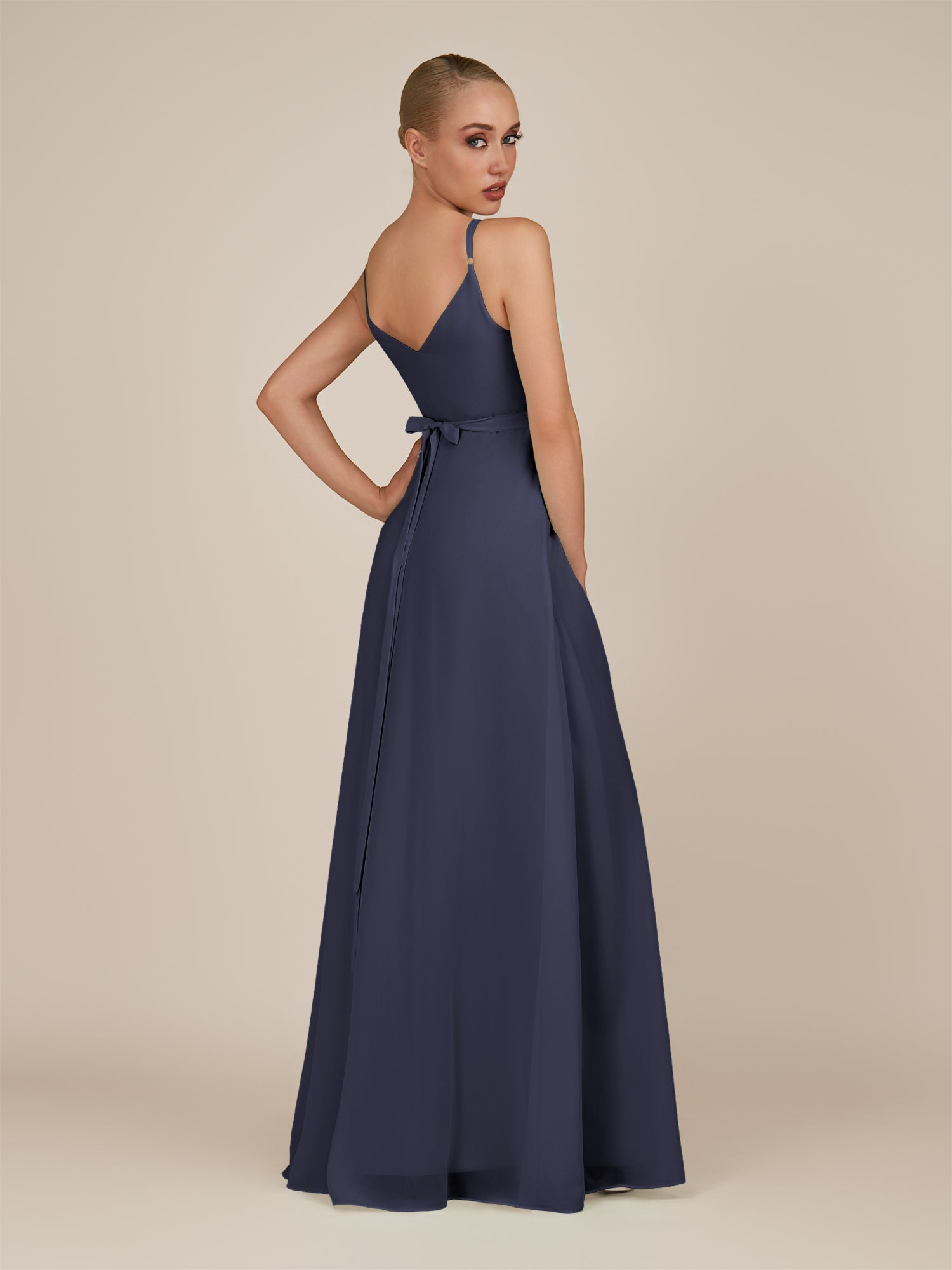 KissDress-Glenys Dusk Blue A Line V Neck Long Bridesmaid Dress with Slit
