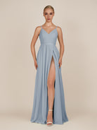 KissDress-Glenys Dusty Blue A Line V Neck Long Bridesmaid Dress with Slit