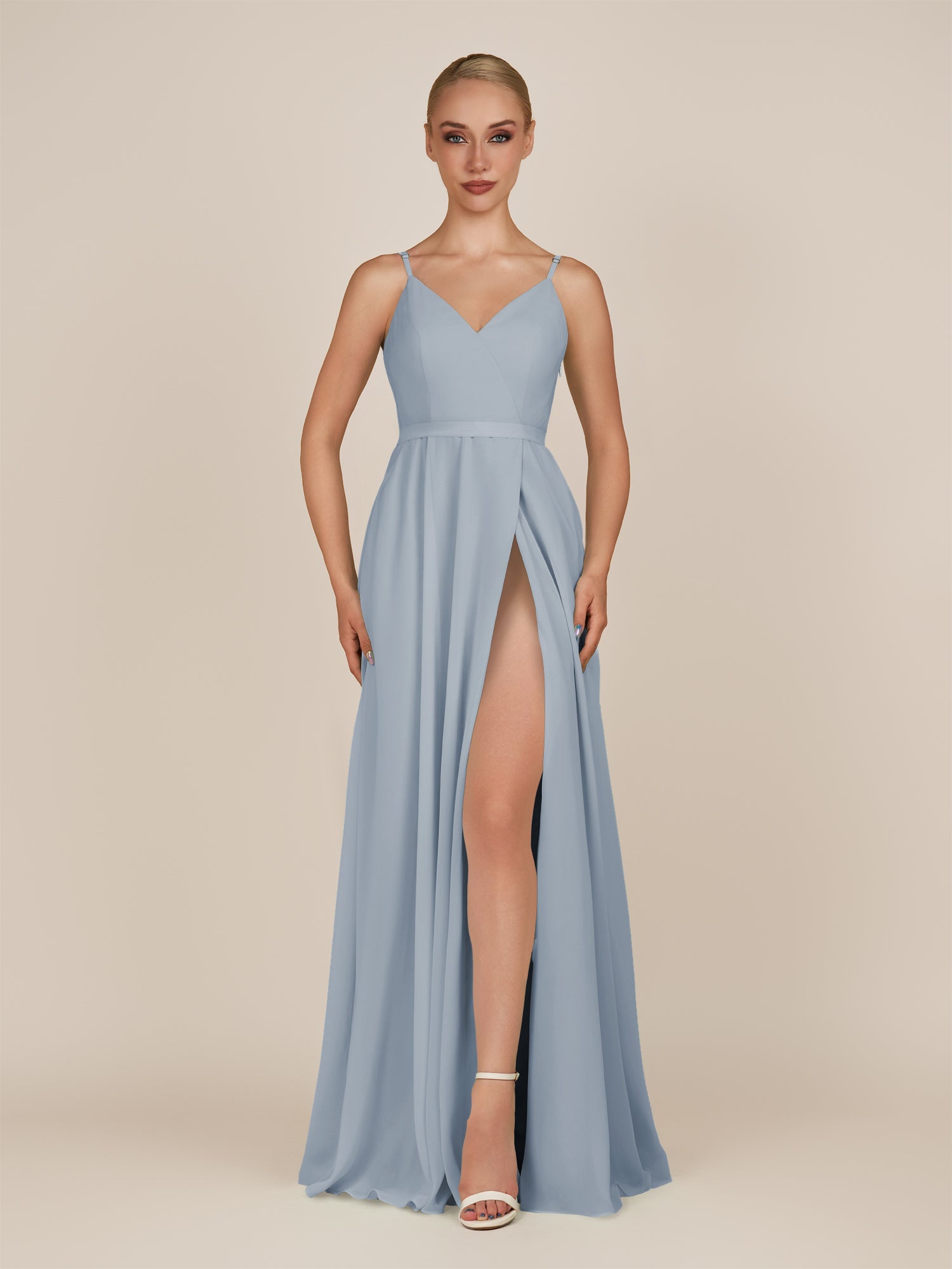 KissDress-Glenys Dusty Blue A Line V Neck Long Bridesmaid Dress with Slit