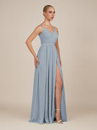 KissDress-Glenys Dusty Blue A Line V Neck Long Bridesmaid Dress with Slit