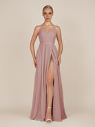 KissDress-Glenys Dusty Rose A Line V Neck Long Bridesmaid Dress with Slit