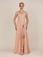 KissDress-Glenys English Rose A Line V Neck Long Bridesmaid Dress with Slit