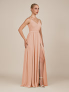 KissDress-Glenys English Rose A Line V Neck Long Bridesmaid Dress with Slit