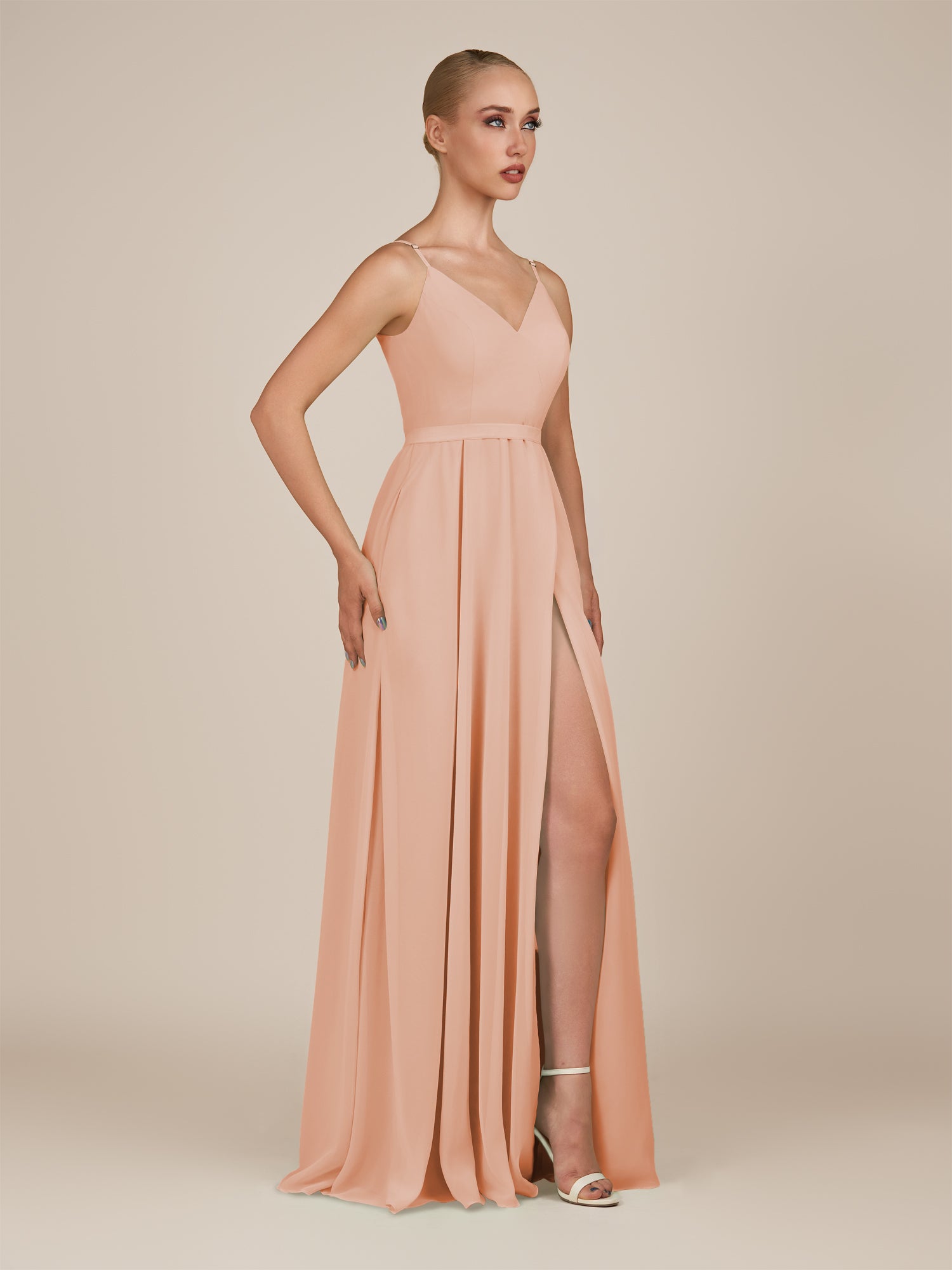 KissDress-Glenys English Rose A Line V Neck Long Bridesmaid Dress with Slit