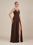 KissDress-Glenys Espresso A Line V Neck Long Bridesmaid Dress with Slit