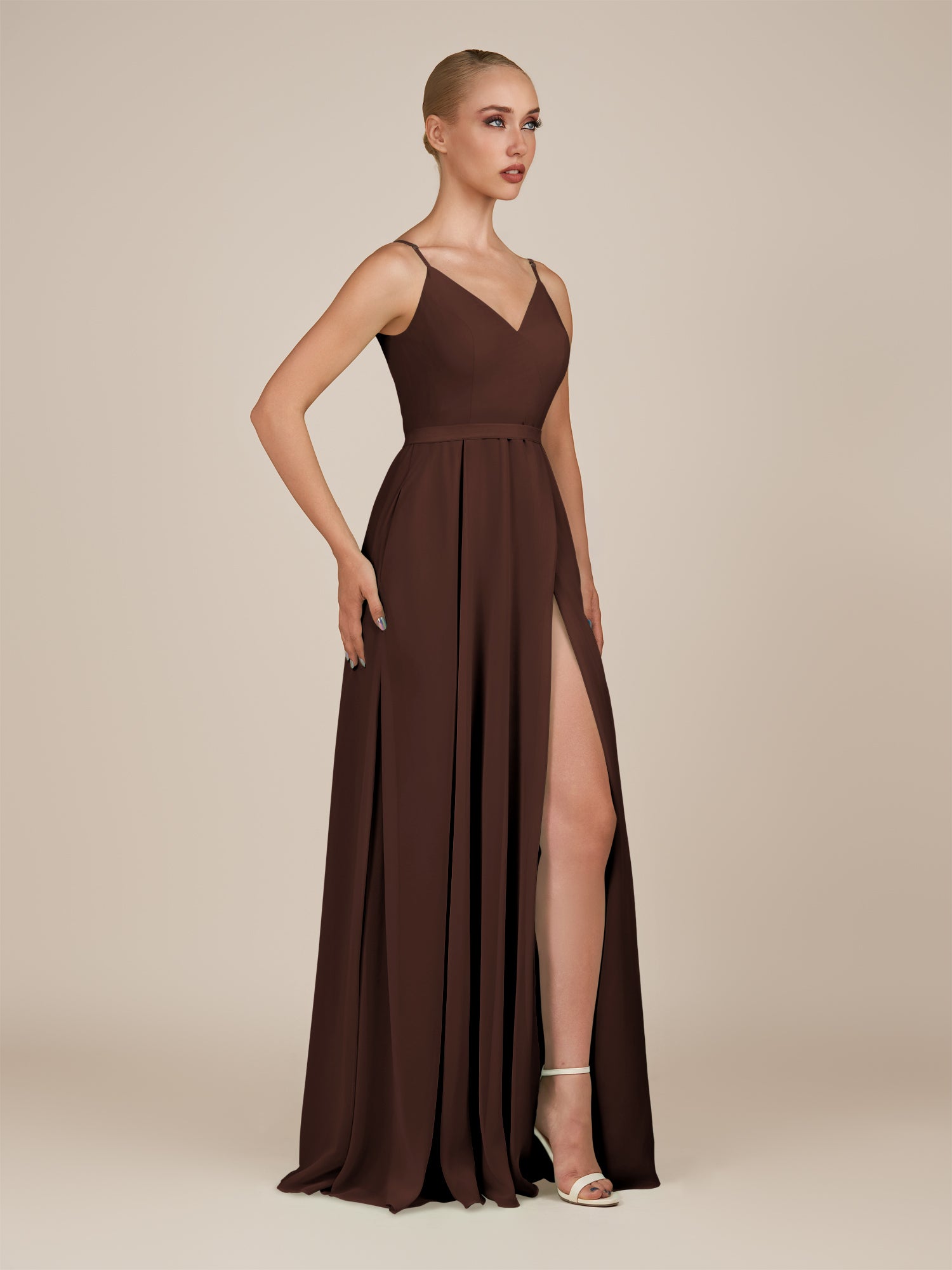 KissDress-Glenys Espresso A Line V Neck Long Bridesmaid Dress with Slit