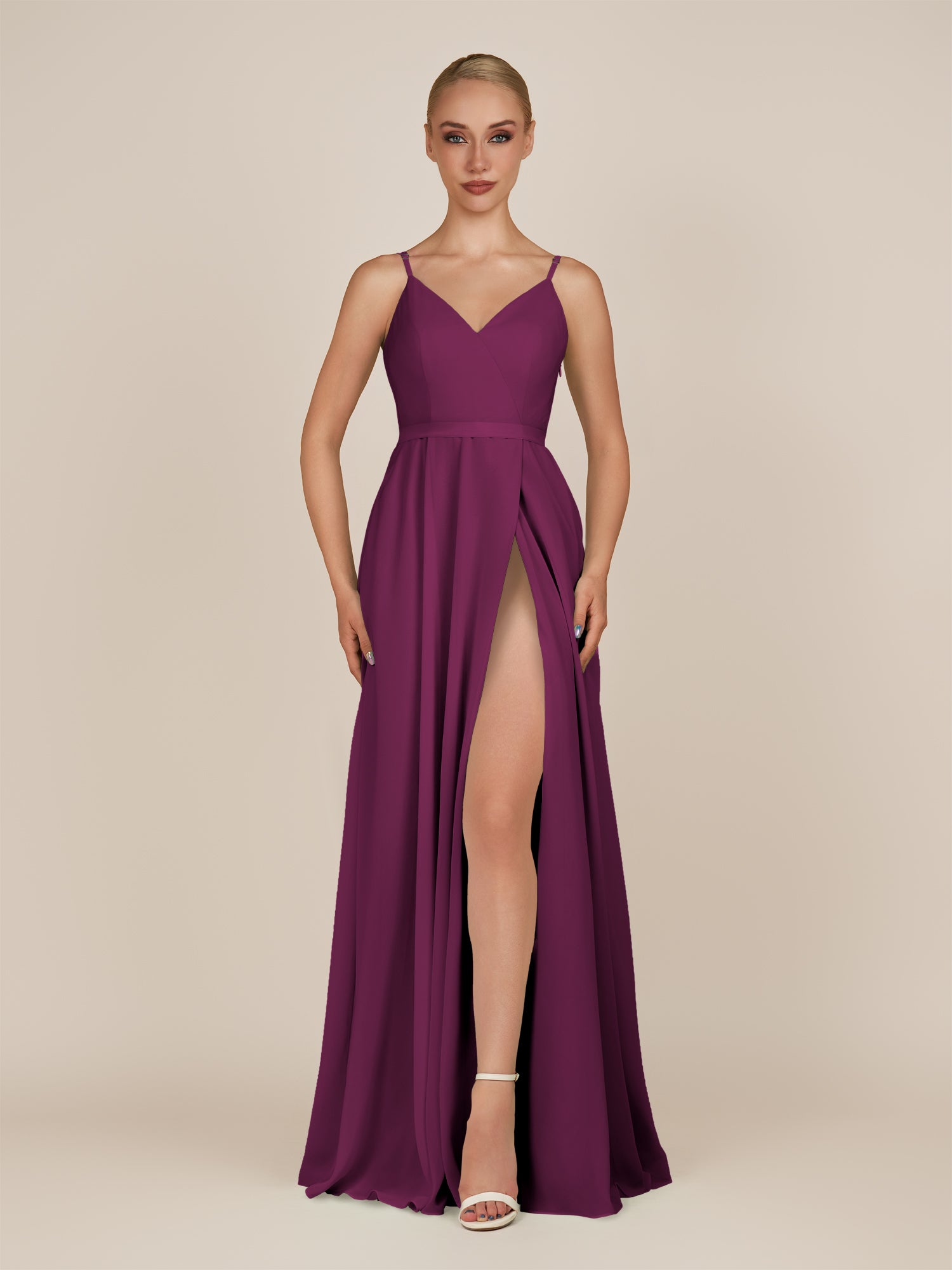 KissDress-Glenys Fig A Line V Neck Long Bridesmaid Dress with Slit
