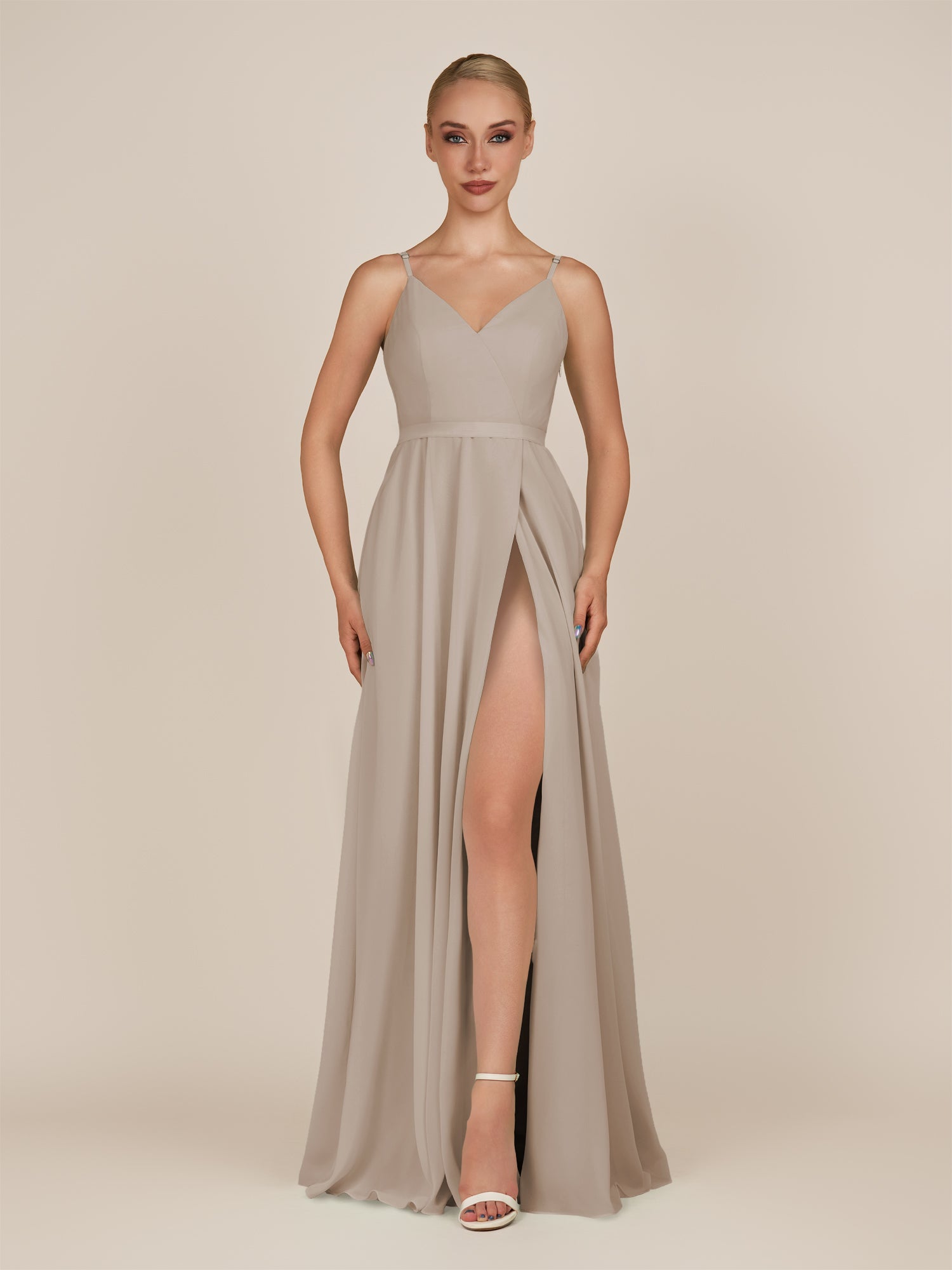 KissDress-Glenys Frost A Line V Neck Long Bridesmaid Dress with Slit