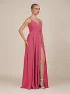 KissDress-Glenys Fuchsia A Line V Neck Long Bridesmaid Dress with Slit