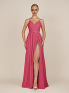 KissDress-Glenys Fuchsia A Line V Neck Long Bridesmaid Dress with Slit