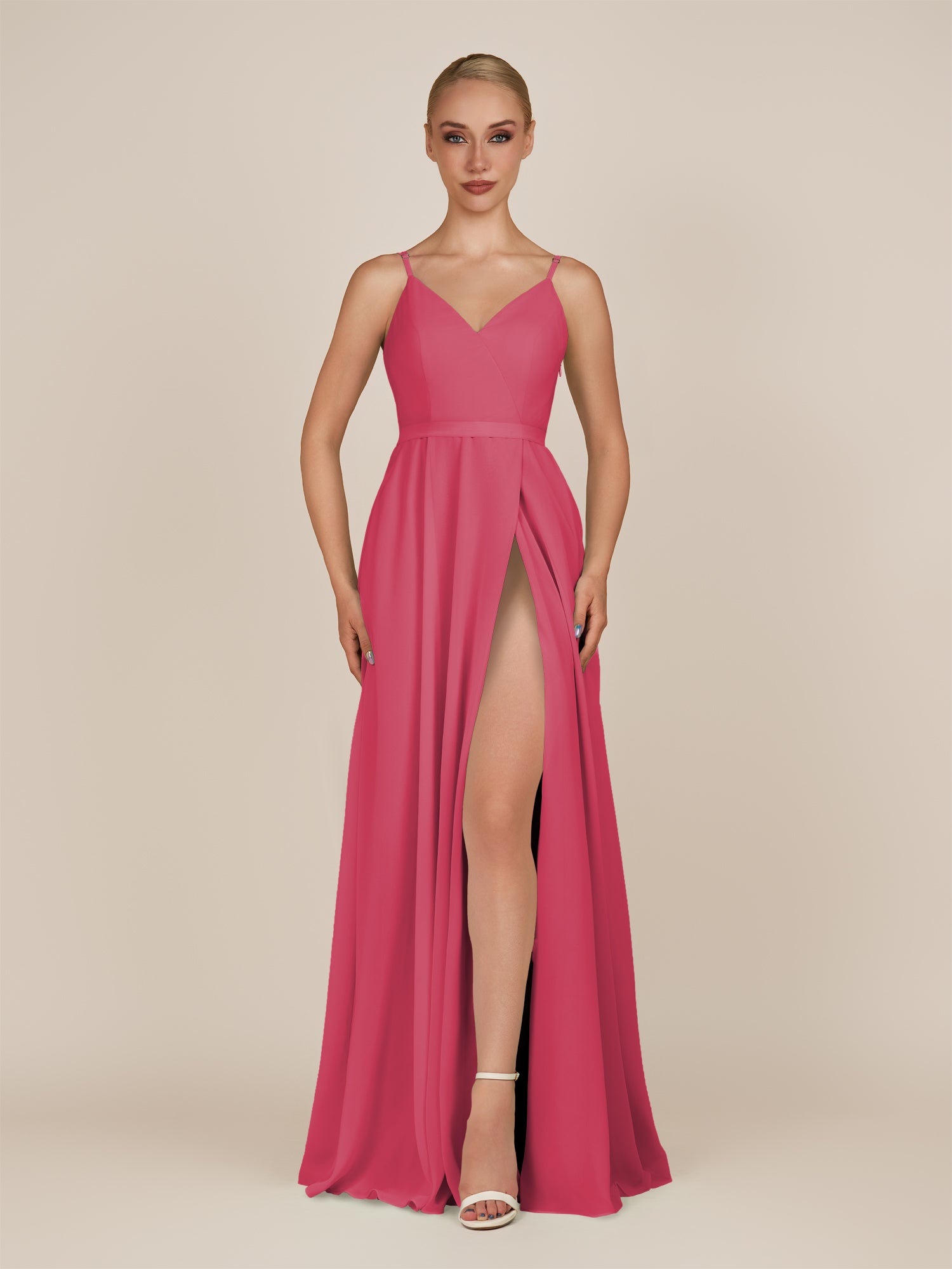 KissDress-Glenys Fuchsia A Line V Neck Long Bridesmaid Dress with Slit