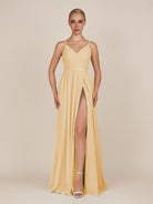 KissDress-Glenys Golden Champagne A Line V Neck Long Bridesmaid Dress with Slit