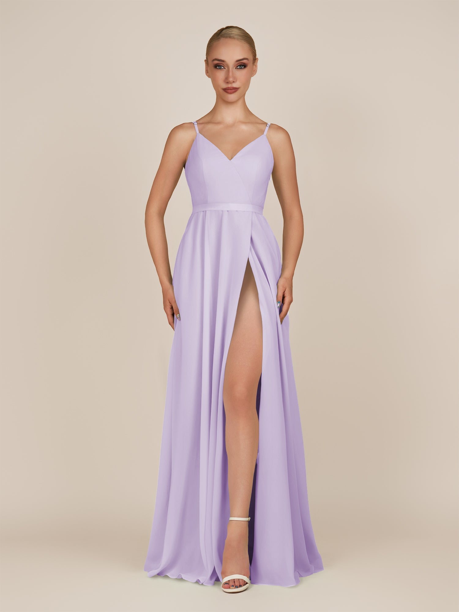 KissDress-Glenys Lavender A Line V Neck Long Bridesmaid Dress with Slit
