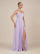 KissDress-Glenys Lavender A Line V Neck Long Bridesmaid Dress with Slit
