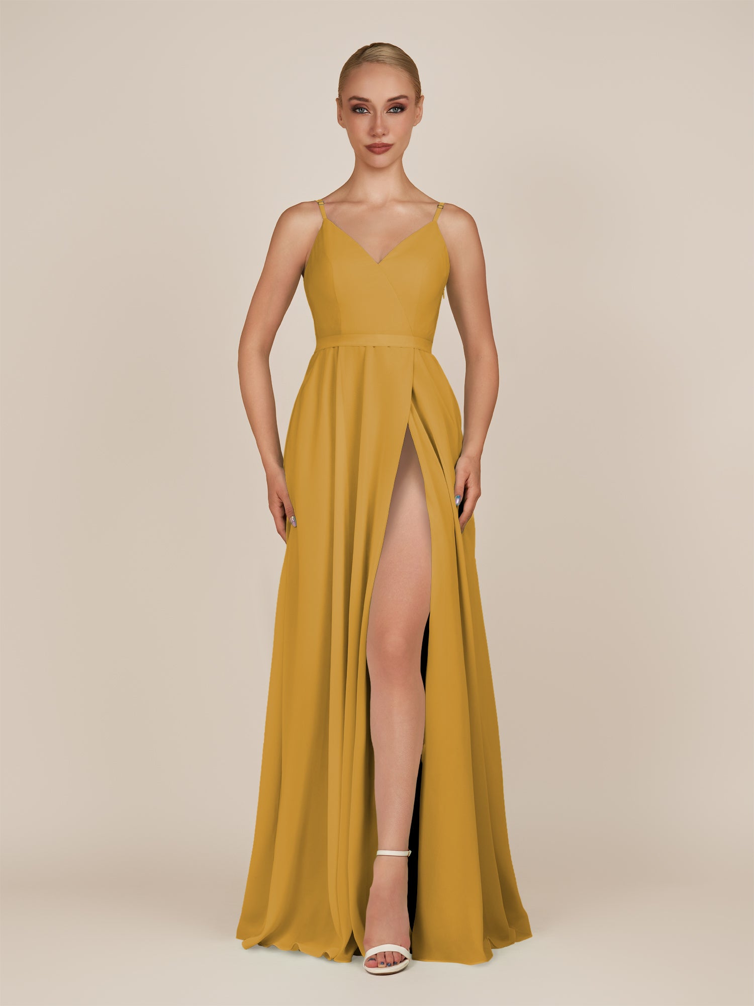 KissDress-Glenys Marigold A Line V Neck Long Bridesmaid Dress with Slit