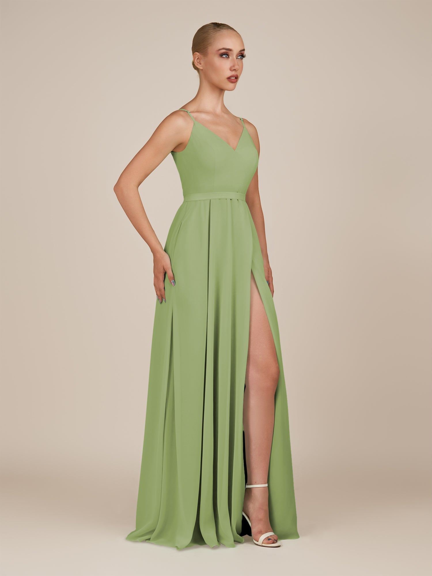 KissDress-Glenys Matcha A Line V Neck Long Bridesmaid Dress with Slit