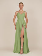 KissDress-Glenys Matcha A Line V Neck Long Bridesmaid Dress with Slit