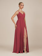 KissDress-Glenys Merlot A Line V Neck Long Bridesmaid Dress with Slit