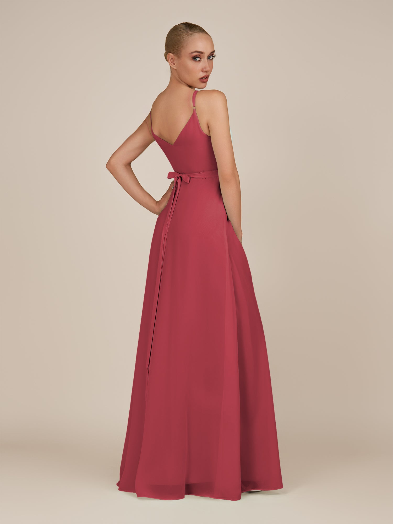KissDress-Glenys Merlot A Line V Neck Long Bridesmaid Dress with Slit